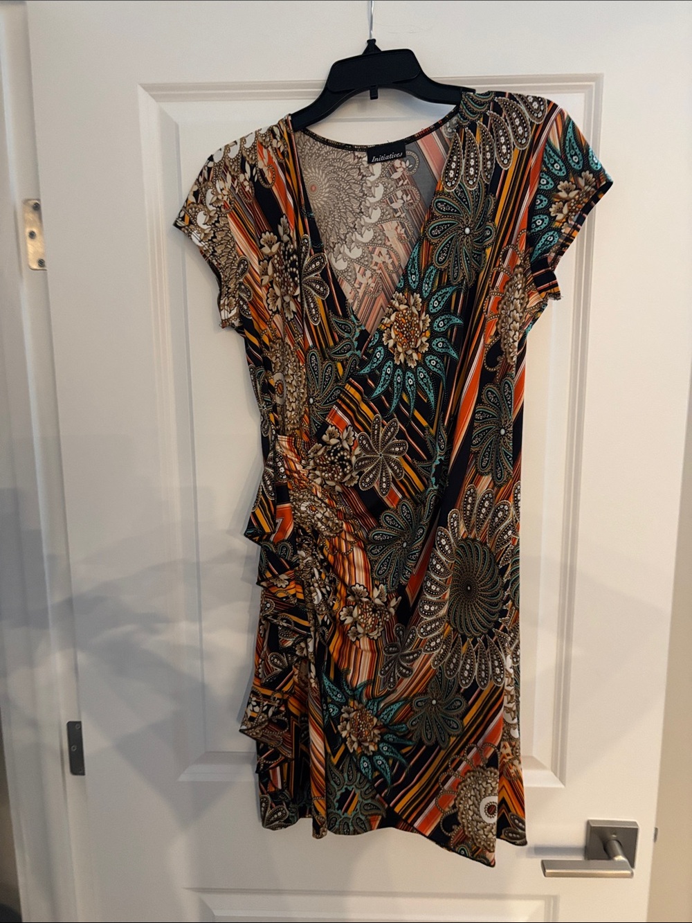 Asymmetrical Floral Print Dress in Orange, Teal & Black